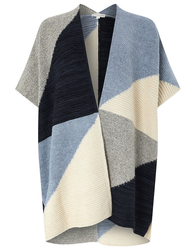 Polly Colour-Block Knit Poncho, Blue (BLUE), large