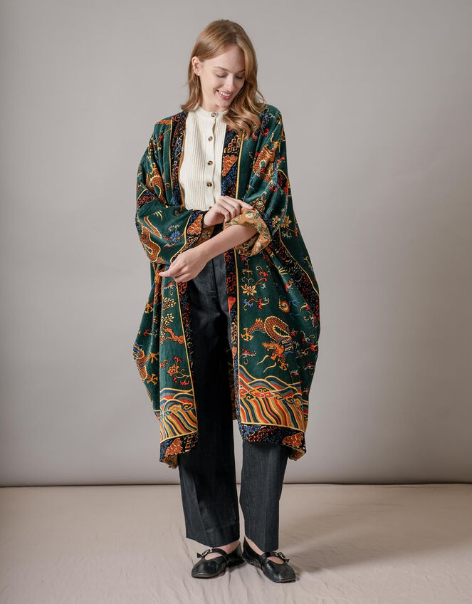 One Hundred Stars Velvet Dragon Print Kimono, , large