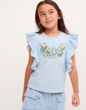 Floral Embroidered Frill T-Shirt, Blue (BLUE), large