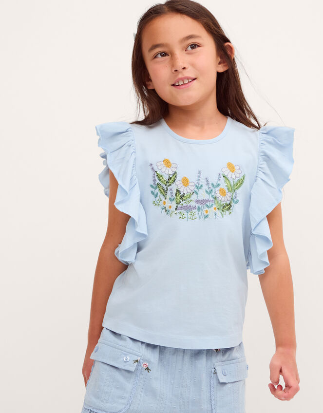 Floral Embroidered Frill T-Shirt, Blue (BLUE), large