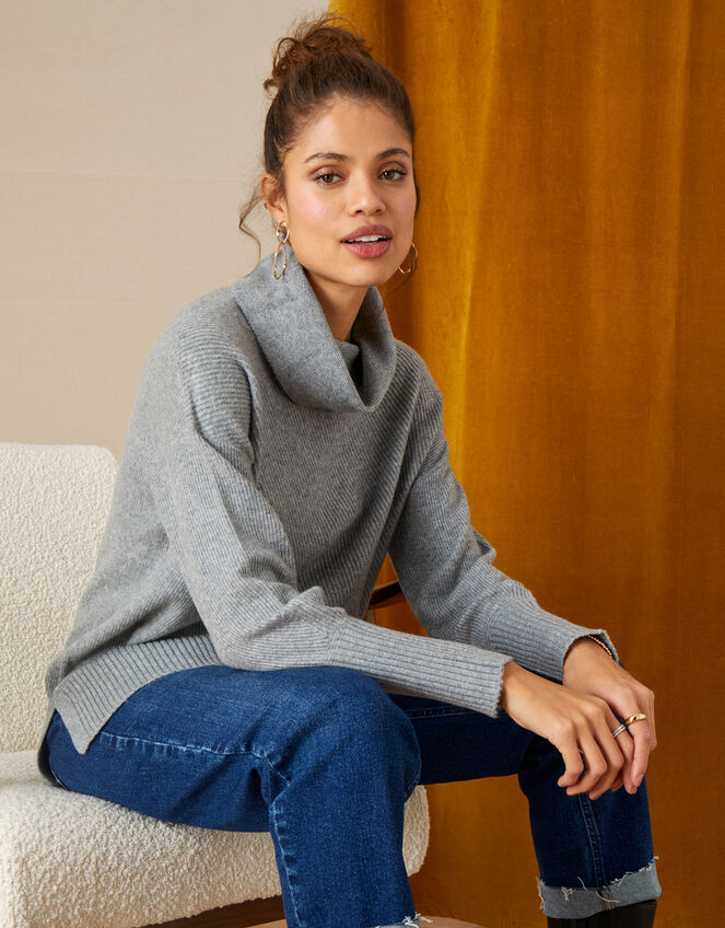 Plain Stitch Split Neck Jumper, Grey (GREY), large
