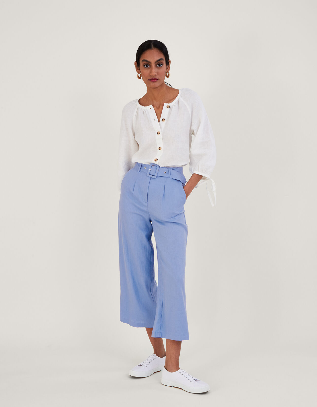 Linen Wide Leg Pull On Trousers Blue  Trousers  Leggings  Monsoon UK