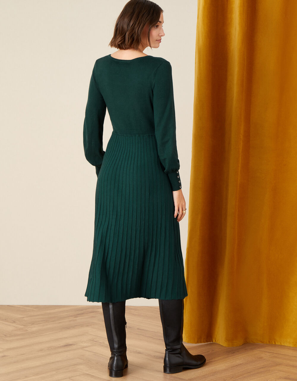 Square Neck Fitted Knit Midi Dress - Green main image 1