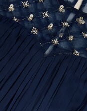 Keira Beaded Short Sleeve Prom Dress, Blue (NAVY), large