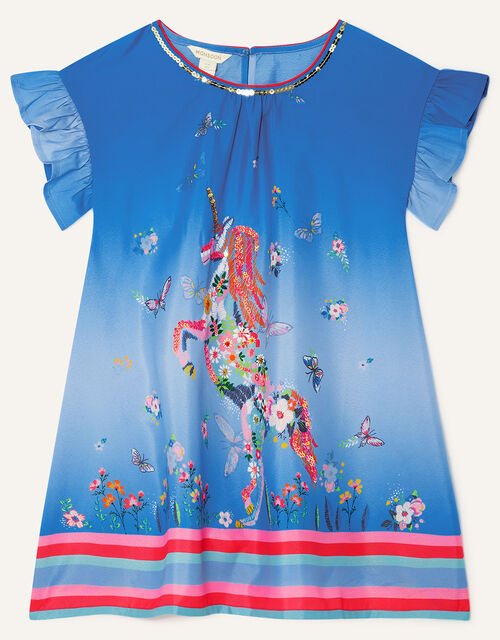 Unicorn Flower Stripe Hem Dress Swing Dress, Blue (BLUE), large