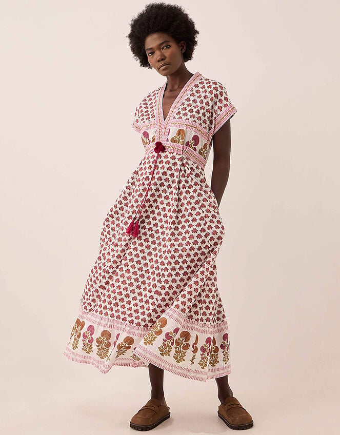 East Karmen Hand-Woodblock Floral Printed Cotton Waisted Midi Dress, Pink (PINK), large