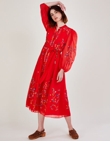 Emily Embroidered Shirt Dress in Recycled Polyester Red, Red (RED), large
