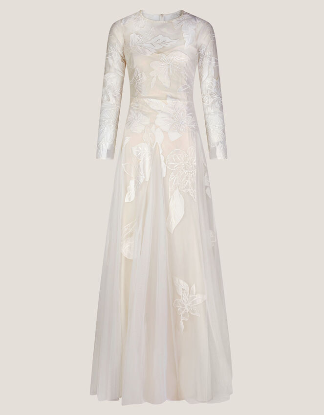 Milena Long Sleeve Floral Embroidered Mesh Wedding Dress, Ivory (IVORY), large
