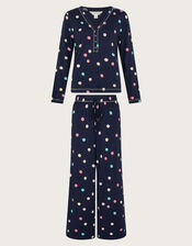 Sabrina Spot Long Pyjamas Set, Blue (NAVY), large
