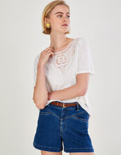 Embroidered Detail Jersey Linen T-Shirt, Ivory (IVORY), large