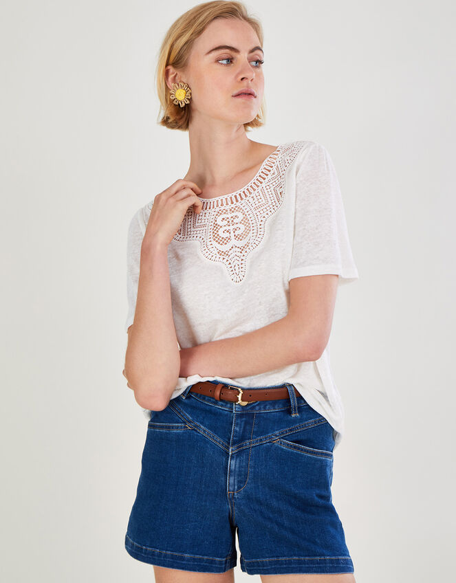 Embroidered Detail Jersey Linen T-Shirt, Ivory (IVORY), large