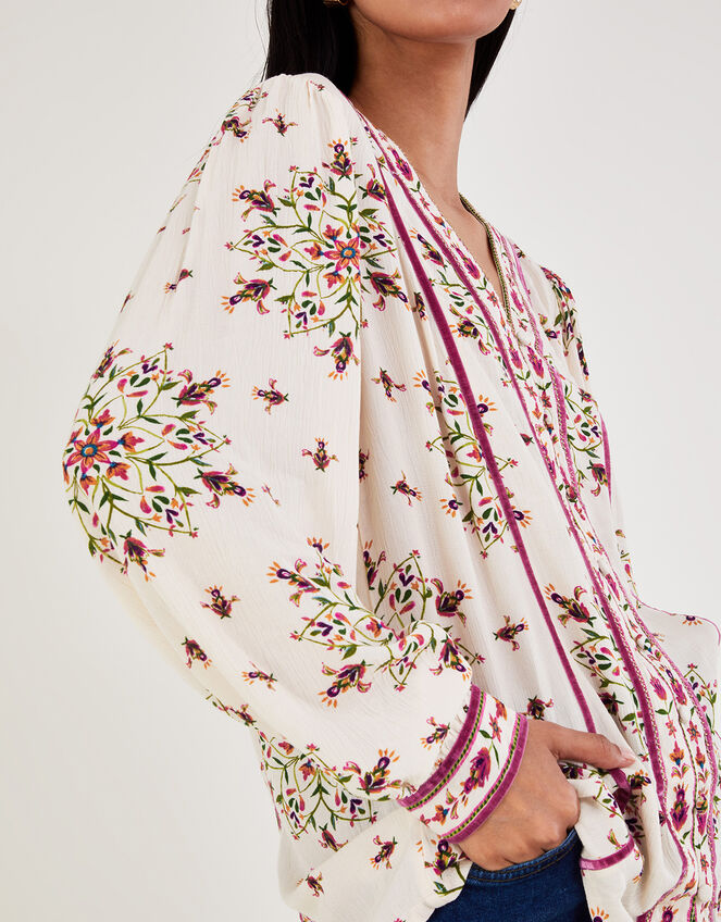 Floral Print V-Neck Top, Ivory (IVORY), large