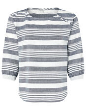 Brooke Stripe Blouse in Linen and Organic Cotton, Blue (NAVY), large