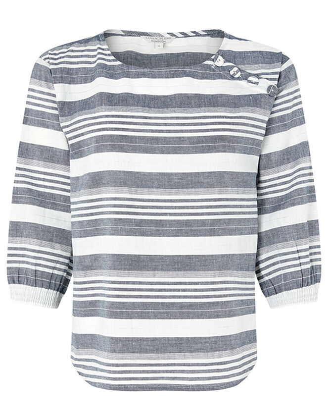 Brooke Stripe Blouse in Linen and Organic Cotton, Blue (NAVY), large