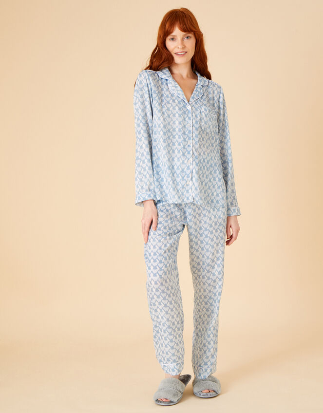 Geometric Print Bridal Satin Pyjama Set, Blue (BLUE), large