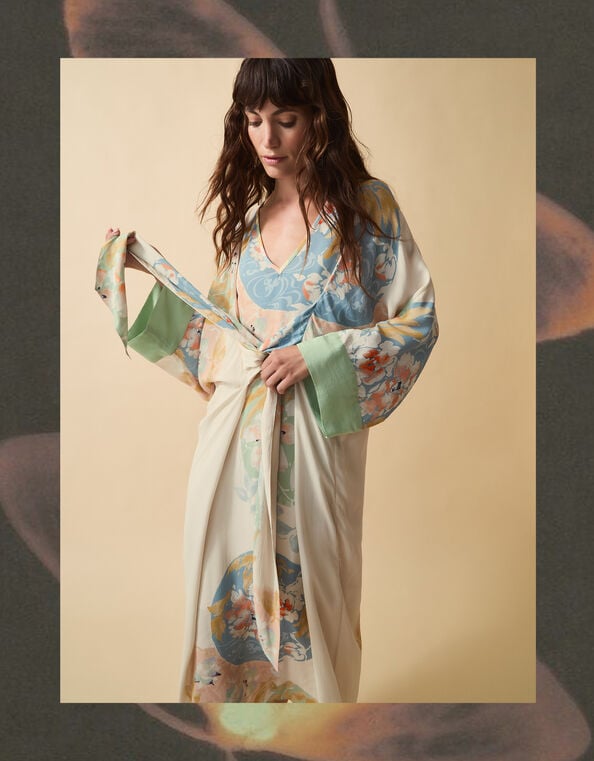 Clemence Amelie Tie Front Floral Midi Dress, Cream (CREAM), large