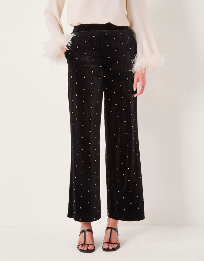 Emma Embellished Velvet Wide Leg Trousers, Black (BLACK), large