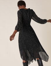 Spot Print Pleated Hanky Hem Dress, Black (BLACK), large
