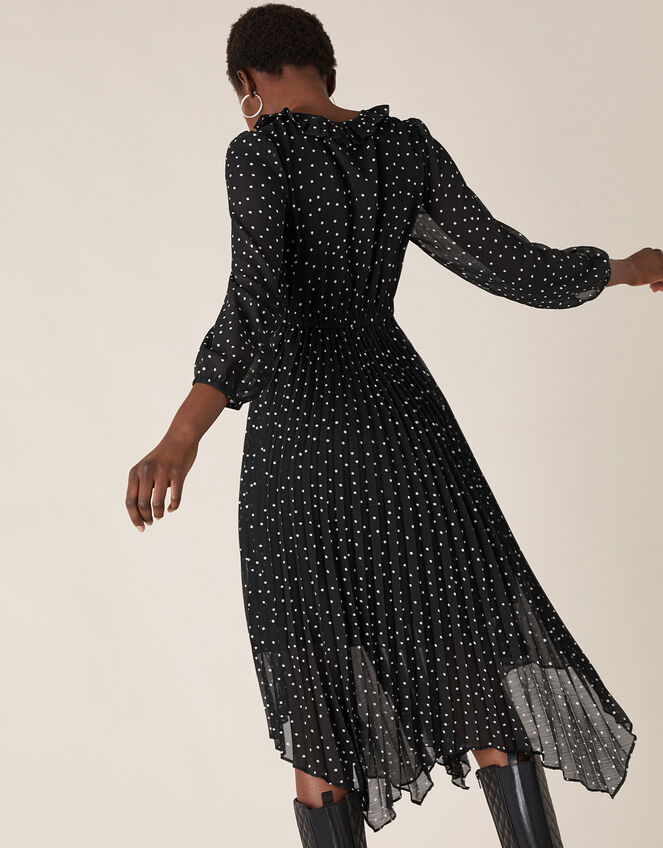Spot Print Pleated Hanky Hem Dress, Black (BLACK), large