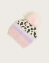 Fluffy Leopard Stripe Beanie Hat, Multi (MULTI), large