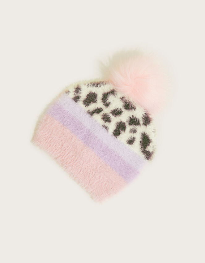 Fluffy Leopard Stripe Beanie Hat, Multi (MULTI), large