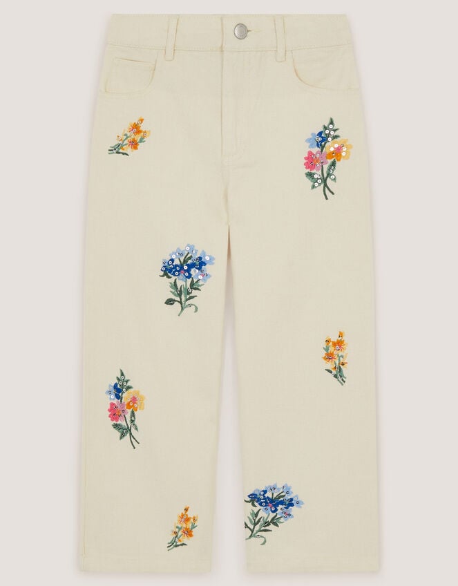 Sequin Floral Embroidered Wide Leg Jeans Ivory