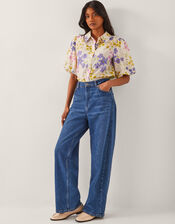Madeline Floral Puff-Sleeve Shirt , Ivory (IVORY), large