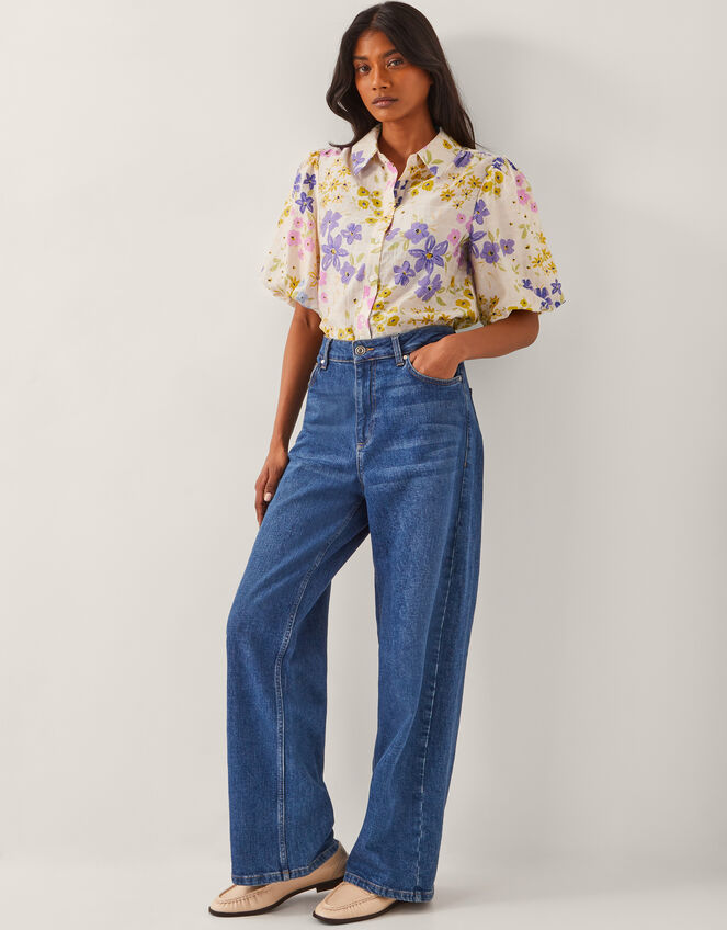 Madeline Floral Puff-Sleeve Shirt , Ivory (IVORY), large