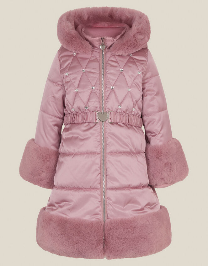 Jewel Heart Quilted Puffer Coat, Pink (PINK), large