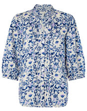 Francine Floral Blouse in Pure Linen, Blue (BLUE), large