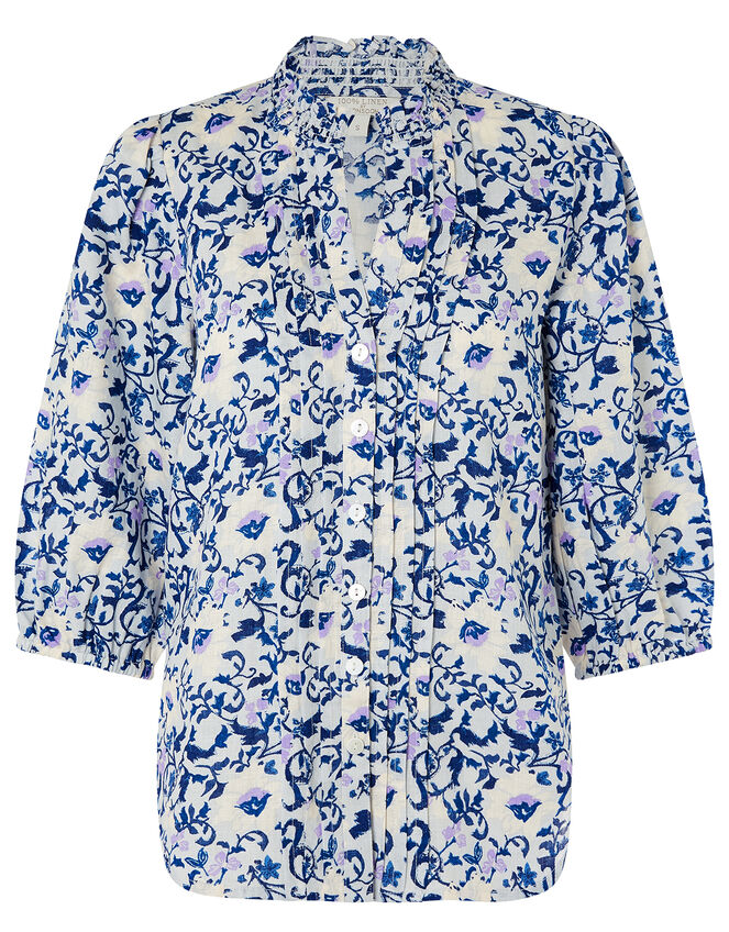 Francine Floral Blouse in Pure Linen, Blue (BLUE), large