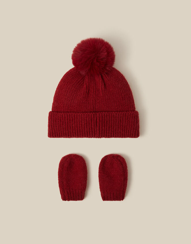 Baby Bow Beanie Hat & Mittens Set, Red (RED), large