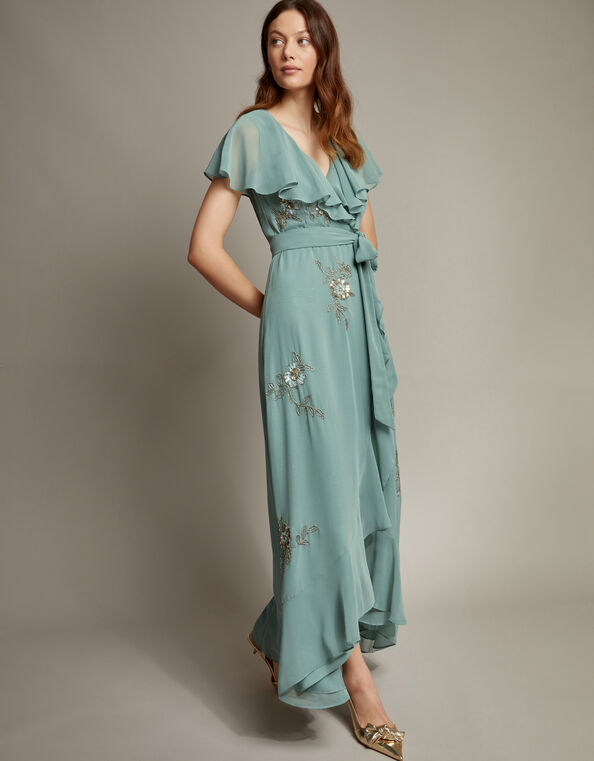 Ausha Floral Embellished Maxi Wrap Dress, Green (GREEN), large