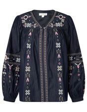 Boho Embroidered Blouse in Pure Cotton, Blue (DENIM BLUE), large