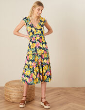 Floral Print Jersey Midi Dress , Blue (NAVY), large