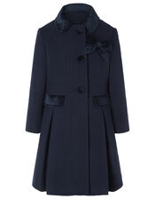 Velvet Trim Coat with Brooch, Blue (NAVY), large