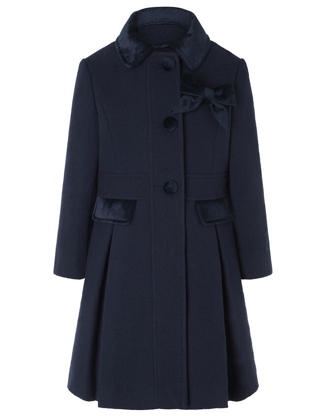 Velvet Trim Coat with Brooch, Blue (NAVY), large