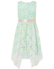 Josie Lace Hanky Hem Dress with Corsage, Green (MINT), large