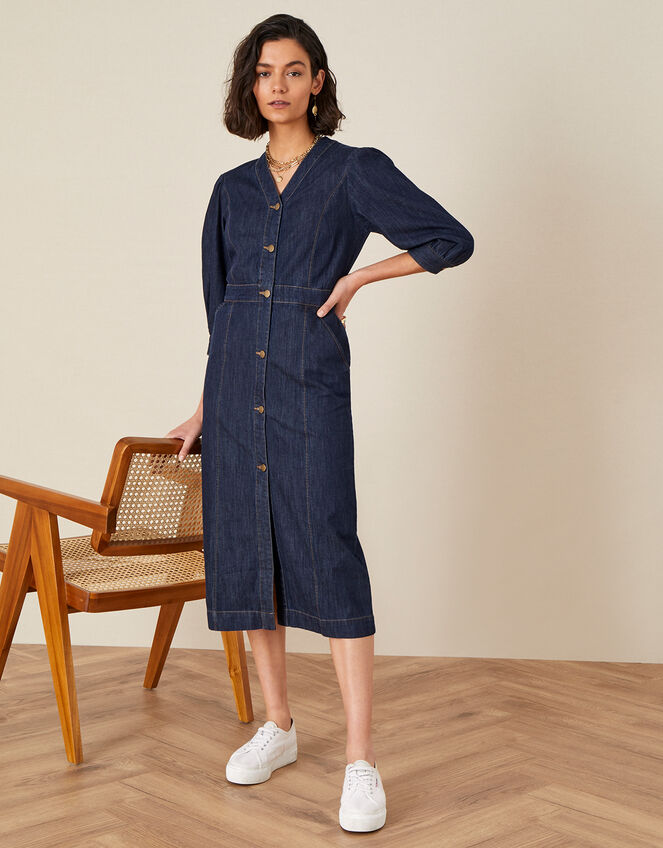 Denim Midi Dress in Organic Cotton , Blue (INDIGO), large