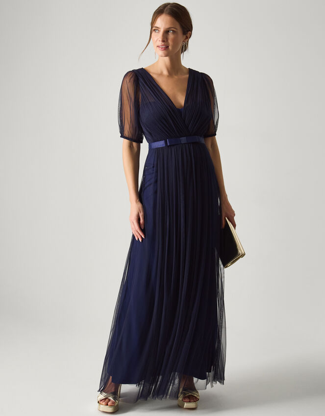 Ellie Sheer Sleeve Plunge Tulle Maxi Dress Blue