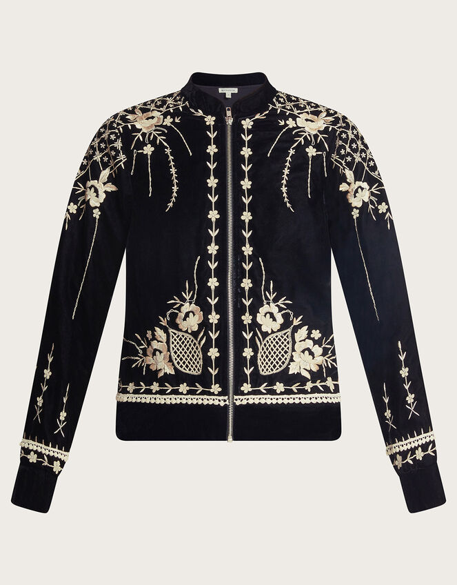 Hadley Embroidered Velvet Bomber Jacket Black