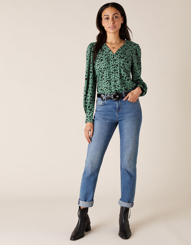 Floral V-Neck Long Sleeve Top, Green (GREEN), large