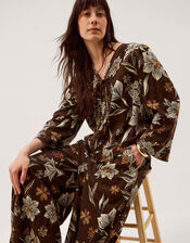 Esther Floral Linen Blend Top, Brown (CHOCOLATE), large