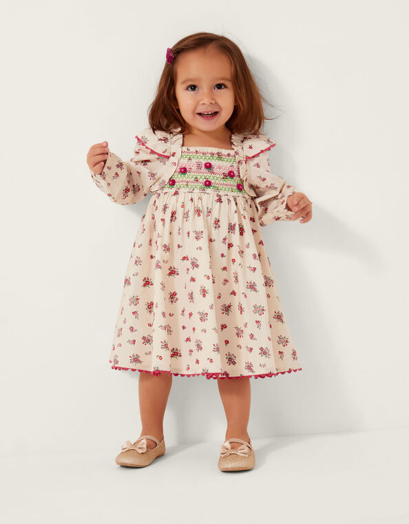 Baby Ditsy Floral Smock Dress, Ivory (IVORY), large
