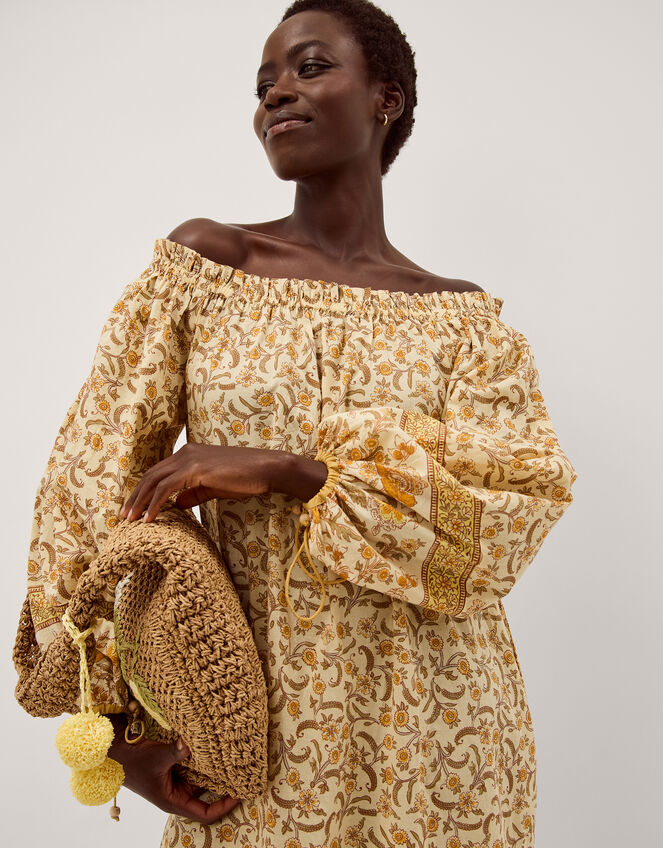 asos golden floral bardot midi dress ASOS DESIGN bardot ruffle maxi dress with tiered godets and blouson sleeves in yellow floral