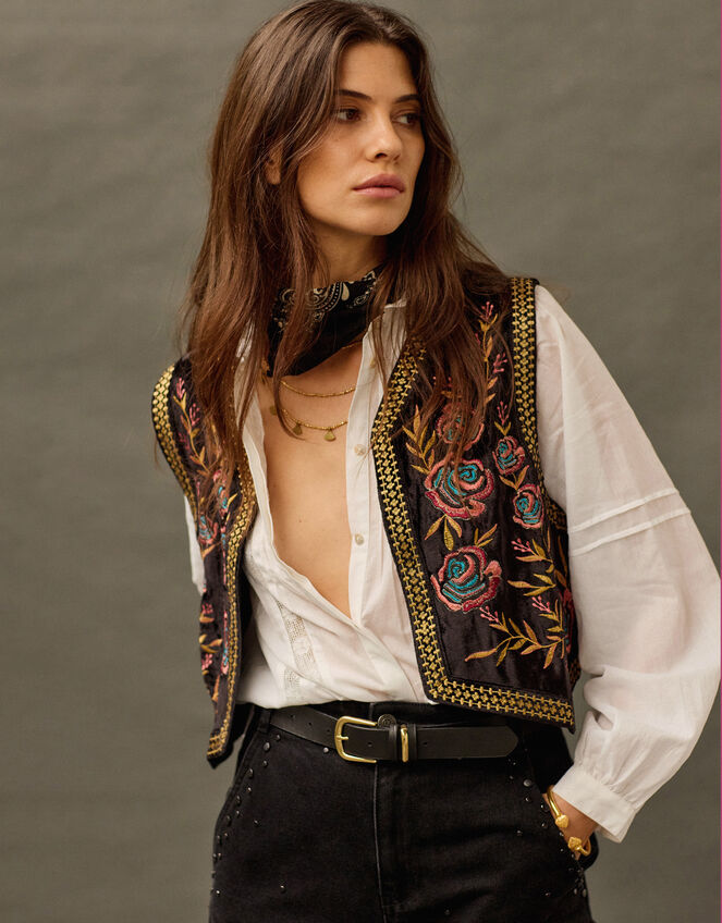 East Talia Velvet Embroidered Gilet, Black (BLACK), large