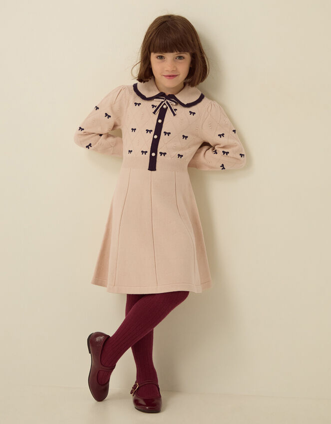 Bow Embroidered Collar Knitted Dress, Camel (OATMEAL), large
