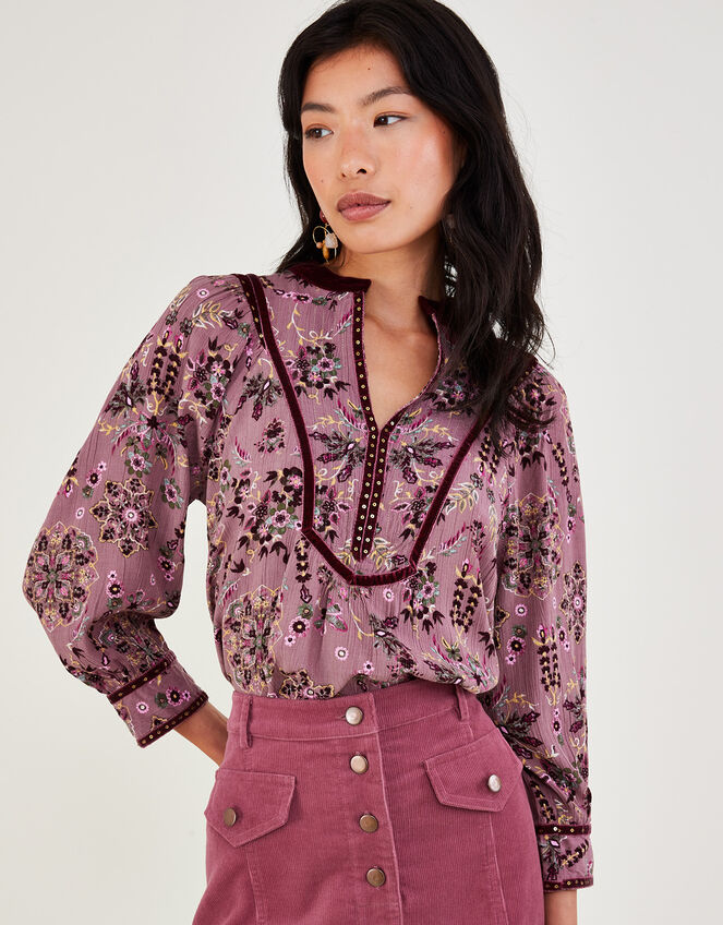 Overhead Heritage Print and Velvet Trim Blouse Pink