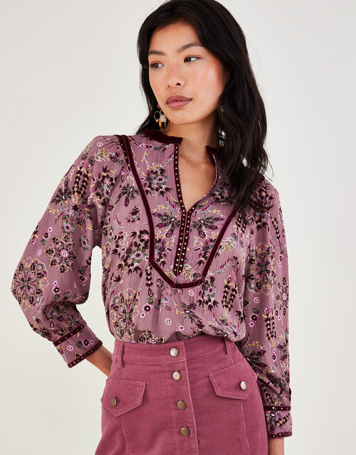 Overhead Heritage Print and Velvet Trim Blouse, Pink (ROSE), large