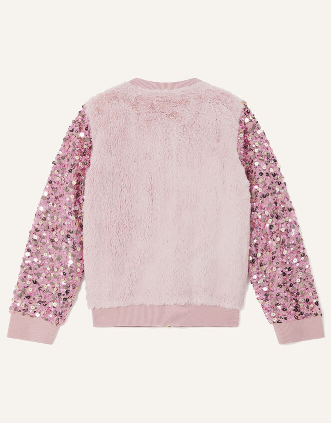 Sequin Sleeve Fur Bomber Jacket, Pink (PINK), large
